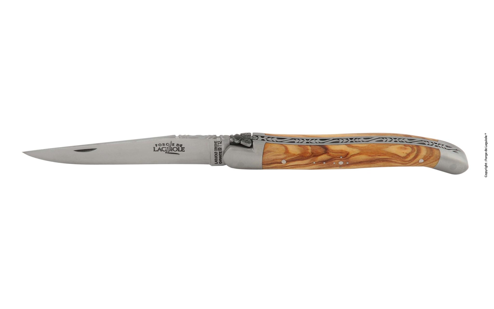 1212F IN OL laguiole hand chiselled olivewood folding knife 12 cm - Couteau pliant ciselé main satiné en olivier