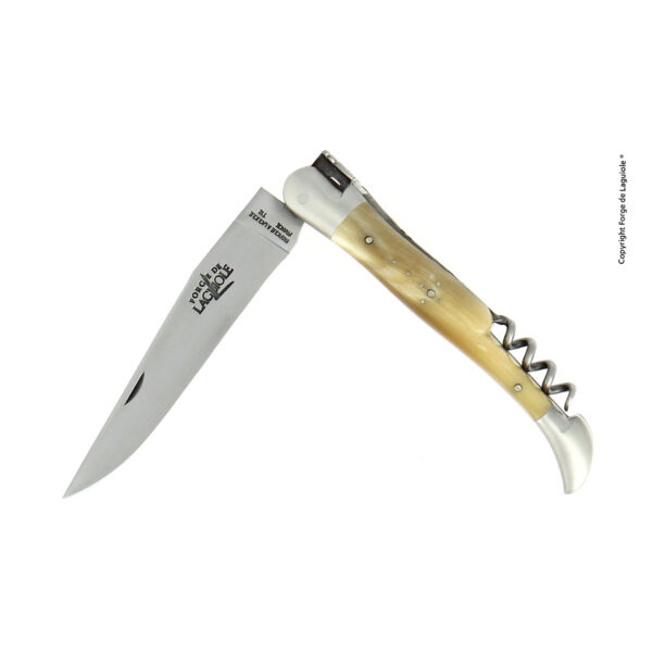 22121 IN BC SAT e1721917676893 - Folding knife, 12 cm with corkscrew, light Horn handle and satin finish with stainless steel bolsters