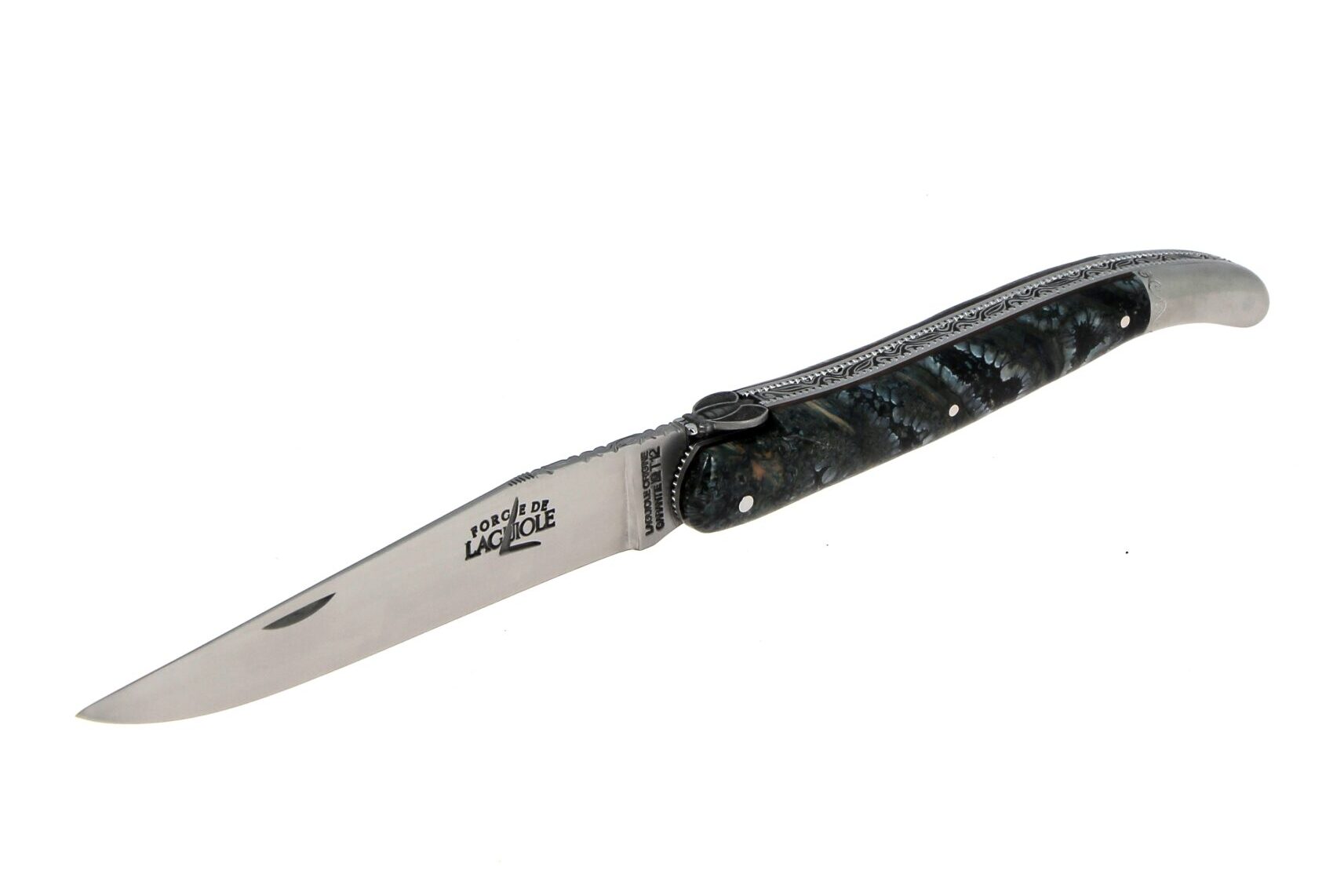 RAMBAUD 232 3 e1693299933338 - Couteau pliant sur mesure, en molaire de mammouth bleu et marron avec placage - Abeille stylisée