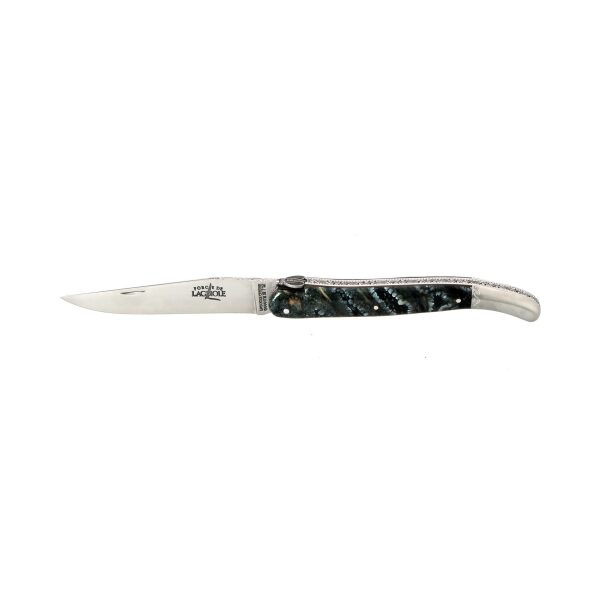 RAMBAUD 232 - Couteau pliant sur mesure, en molaire de mammouth bleu et marron avec placage - Abeille stylisée