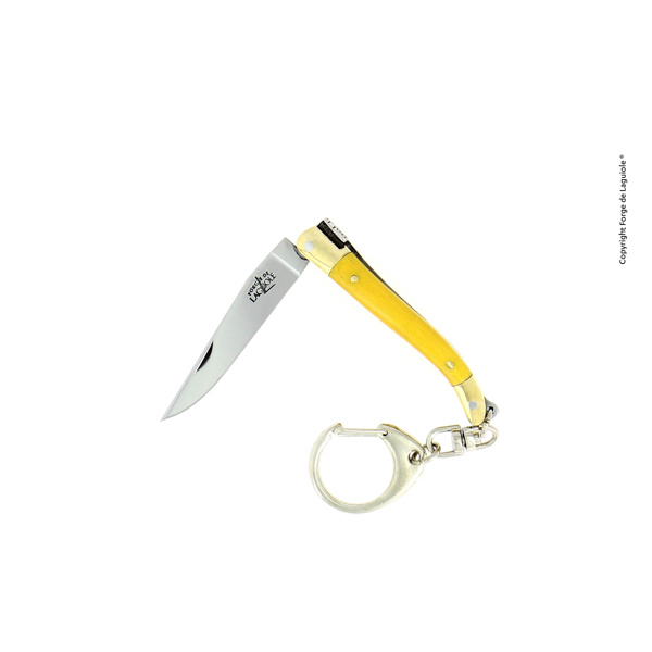 Petit couteau colore porte cle Forge de laguiole 2 - Couteau pliant 7cm en tissu compressé jaune avec porte-clé, mitres laiton finition brillante