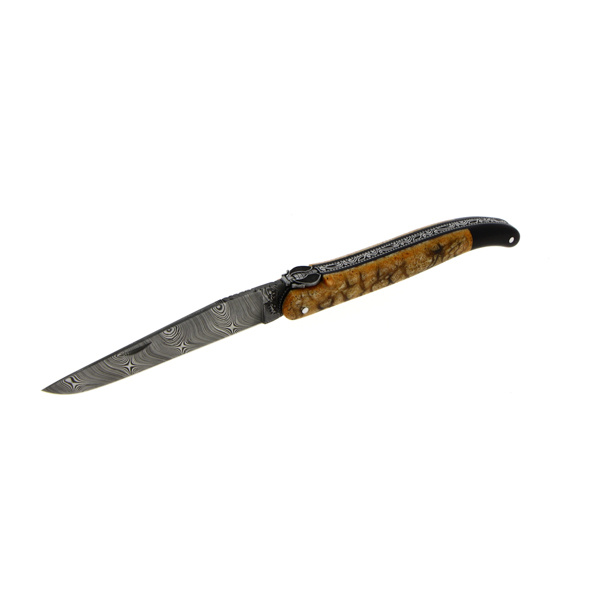 RAMBAUD 395 1 - Custom folding knife in coral with ebony veneer and bolster - Damascus Twist blade