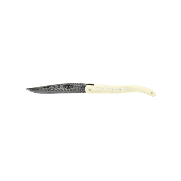 1012F IV MAM DIN MU DPG 8246 2 - Hand engraved, full mammoth ivory core handle folding knife, satin finish, double plates and damascus blade