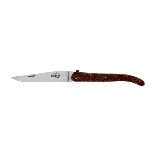 RAMBAUD 396 2 - Custom folding knife 11cm, in red and gold reconstituted stone with flower