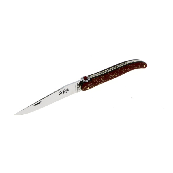 RAMBAUD 396 3 - Custom folding knife 11cm, in red and gold reconstituted stone with flower